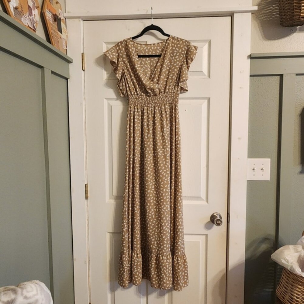 Beige Printed Smocked Maxi Dress with Ruffle Hem Medium